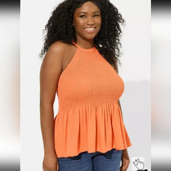 Torrid Vibrant Orange Challis Smocked Perplum Tank Top - Picture 1 of 9